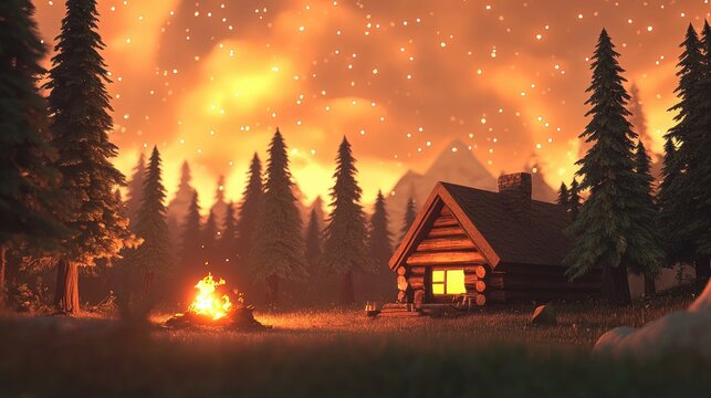 Cozy wooden cabin glowing warmly at dusk in dense pine forest with a roaring campfire nearby under orange sky