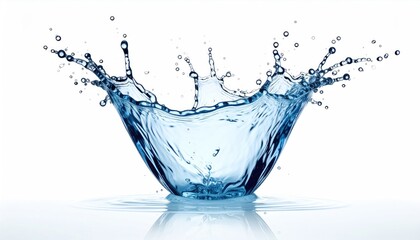 Dynamic Water Splash Frozen in Motion Against a White Background with Reflections Showing Brilliant Blue Liquid and Droplets