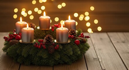 A Christmas wreath with lit candles and festive decorations on a wooden table.