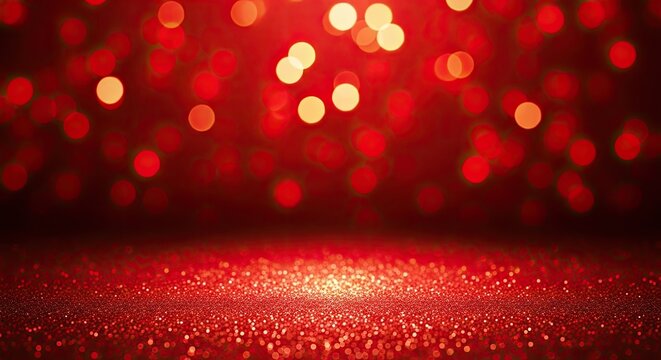 A festive red and gold glitter background with a spotlight effect.