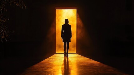 silhouette of a person standing in a doorway with bright orange light and mist creating a dramatic and mysterious atmosphere
