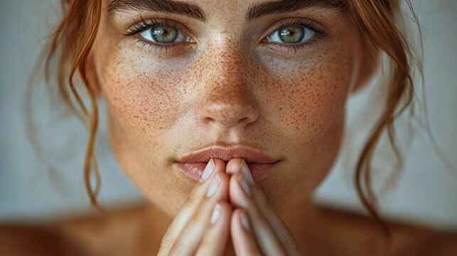 Close-up portrait of a young woman with green eyes and freckles softly holding her hands near her lips, conveying a calm and contemplative emotion