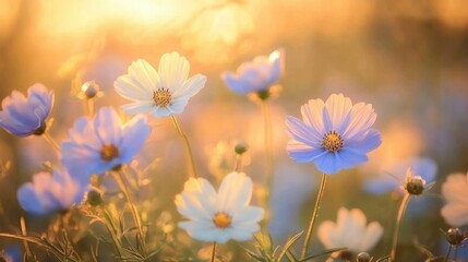Soft focus image of delicate white flowers with yellow centers bathed in warm golden sunlight creating a serene and peaceful atmosphere