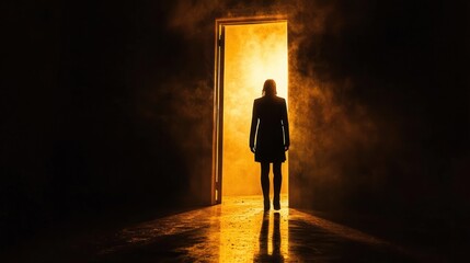 Silhouette of a person standing in a doorway with bright warm light and smoky atmosphere creating a dramatic and mysterious mood