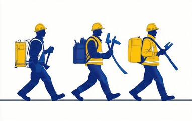 Illustration of three workers walking in safety helmets and vests carrying construction tools and backpacks, symbolizing teamwork and industry progress