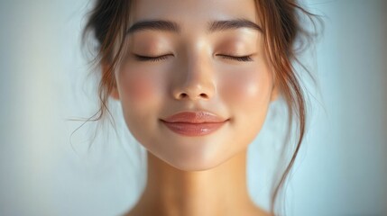 Naklejka premium Close-up portrait of a young woman with flawless glowing skin and closed eyes smiling peacefully against a soft light background