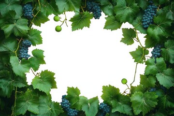 Lush green grapevine leaves and clusters of ripe dark grapes forming a natural frame with empty white center
