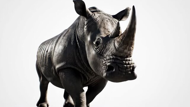 Majestic Rhinoceros Charging Forward on a White Background.