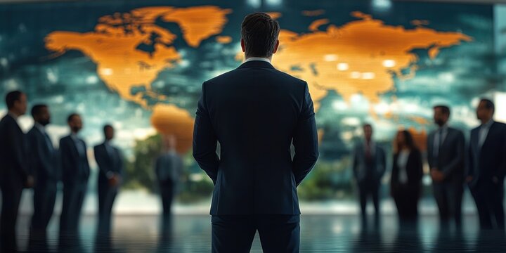 Group of business professionals in formal attire gathered around a man standing confidently with hands behind back facing a large illuminated world map in a modern office setting