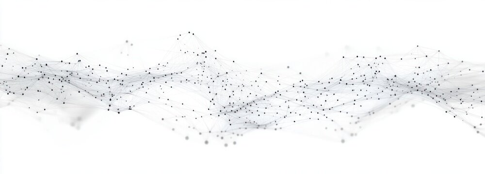 Abstract network of black dots connected by fine gray lines forming a flowing wave pattern on a white background, evoking complexity and connectivity