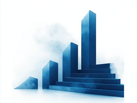 Blue ascending bar chart with mist or smoke around the bars on a white background representing growth or progress