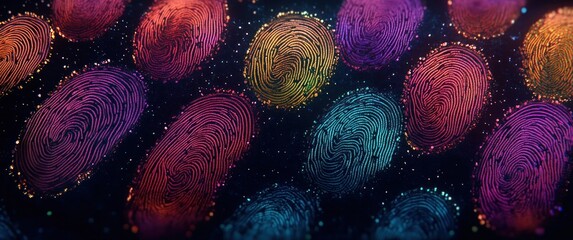 Close-up of multiple colorful illuminated fingerprints with detailed ridge patterns on a dark background creating a futuristic digital security theme