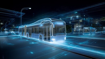 Fototapeta premium Intelligent electric public transport that analyzes routes and energy with AI systems
