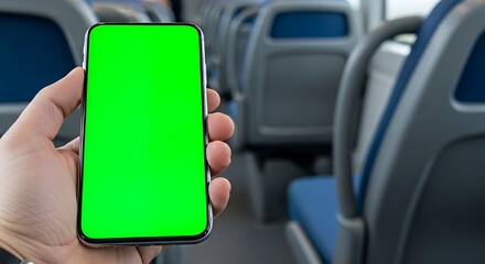 Empty Bus Interior with Hand Holding Smartphone with Green Screen
