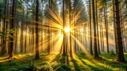 Fototapeta premium Golden sunbeams illuminate a serene woodland at dawn, casting long shadows through the trees and creating a mystical atmosphere