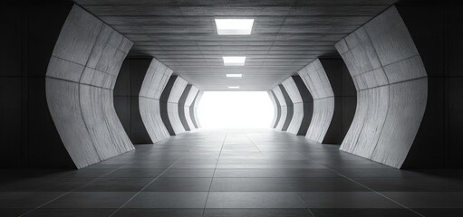 Futuristic concrete tunnel corridor with symmetrical curved walls leading to a bright light at the end under ceiling lights