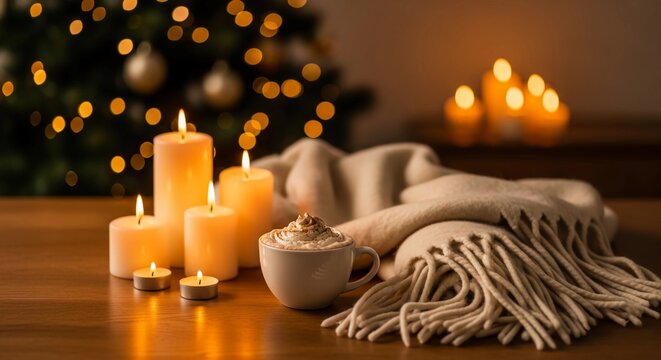 Relaxing holiday atmosphere with burning candles, a comforting hot beverage, and a soft blanket for a cozy Christmas night
