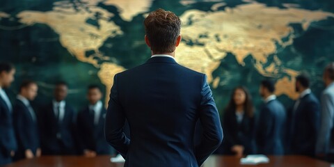 Business leader in formal suit facing team of diverse professionals standing near large world map, symbolizing global strategy and collaboration