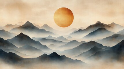 Serene mountain landscape with multiple mist-covered peaks under a large warm orange sun in a soft muted sky