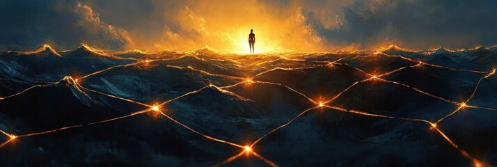 Silhouetted figure standing on a glowing connected grid over dark waves with a dramatic golden sunset and cloudy sky in the background, evoking solitude and mystery