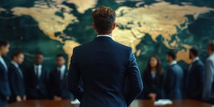 Business leader in formal suit facing team of diverse professionals standing near large world map, symbolizing global strategy and collaboration - Powered by Adobe