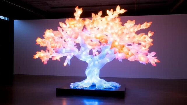 Illuminated tree sculpture glowing with vibrant multicolor light in dark gallery space