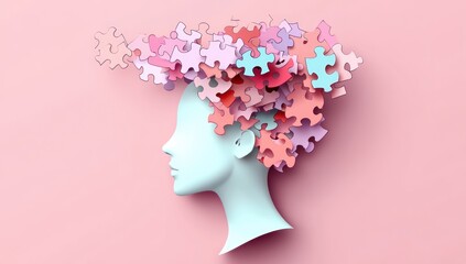 Profile of a human head with puzzle pieces emerging from the brain area in pastel shades representing thoughts and cognition