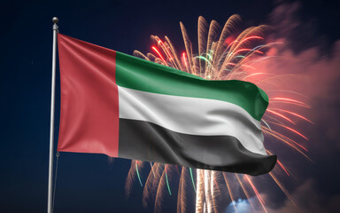 Spectacular UAE flag waving proudly against vibrant fireworks display celebrating national pride and unity in a festive atmosphere