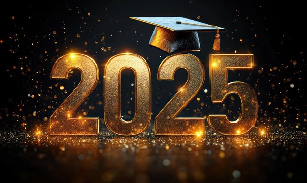 Shiny golden numbers 2025 with sparkling glitter and black graduation cap floating on number five, celebrating academic achievement and future success - Powered by Adobe