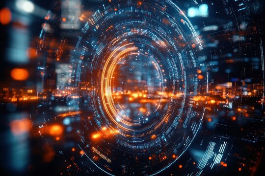 Futuristic circular digital interface with glowing orange and blue data points and abstract technological patterns conveying innovation and complexity