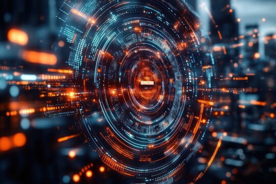 Futuristic digital interface with circular holographic data displays glowing in blue and orange in a high-tech environment