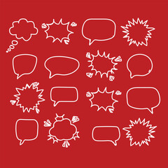 Collection of hand drawn comic book speech bubbles on red background