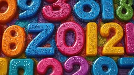 Colorful plastic numbers covered with water droplets arranged closely together on a textured surface