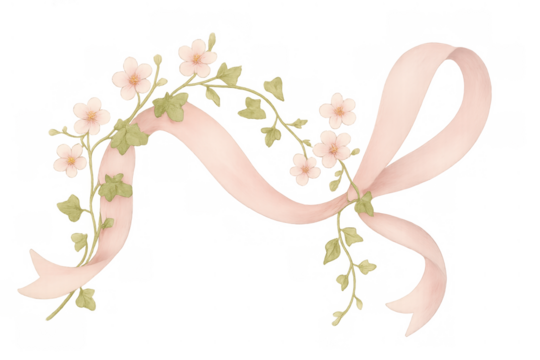 Pink watercolor ribbon with delicate spring white flowers and green leaves creating a feminine text banner background element