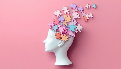 White human head bust with colorful puzzle pieces emerging from the top against a pink background symbolizing thoughts and mental processes