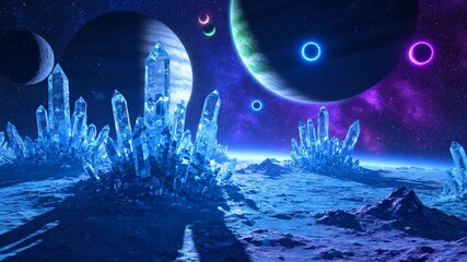 A surreal digital space landscape with glowing crystals and planets - Powered by Adobe