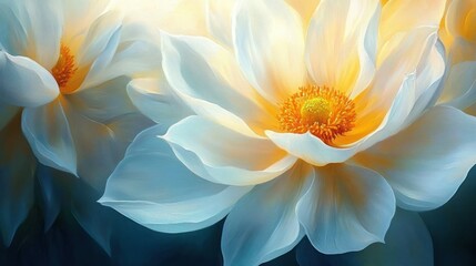 Close-up view of two glowing white flowers with soft blue and yellow light reflecting on delicate petals and vibrant yellow-orange centers