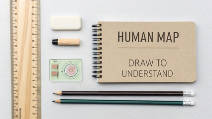 Creative workspace with stationary items for educational project focused on understanding the human experience and drawing concepts