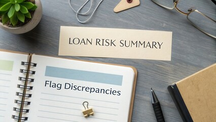 Detailed Loan Risk Summary Document with Flag Discrepancies on Desk Surrounded by Stationery and Succulent Plant