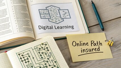 Digital Learning Concepts Illustrated with Notes and Diagrams on a Wooden Desk in an Educational Setting