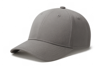 Gray baseball cap presenting a classic sportswear accessory with casual style and branding potential, isolated on a transparent background