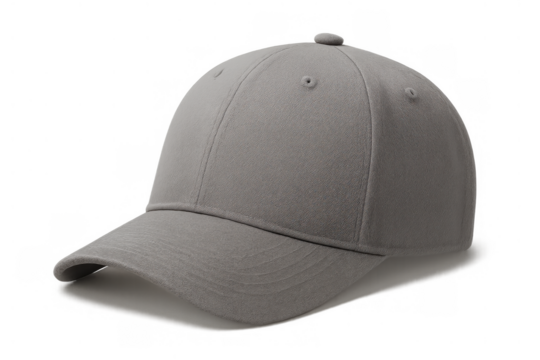 Gray baseball cap presenting a classic sportswear accessory with casual style and branding potential, isolated on a transparent background