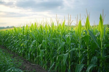 Obraz premium lush green cornfield under a cloudy sky with early morning or late afternoon sunlight casting a serene and fresh atmosphere