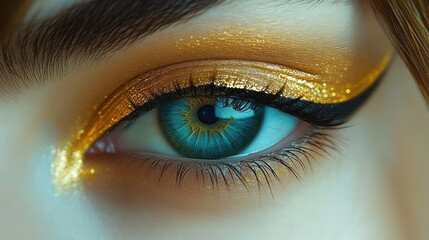 Close-up of a blue eye with striking golden eyeshadow and black eyeliner creating a vibrant, glamorous, and intense look
