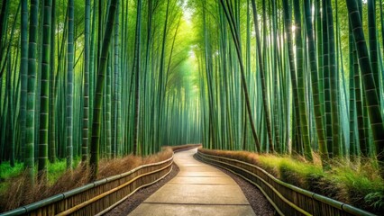 Serene Path Winding Through a Lush Bamboo Forest, Sunlight Filtering Through the Tall Green Stalks, Creating a Tranquil and Peaceful Atmosphere