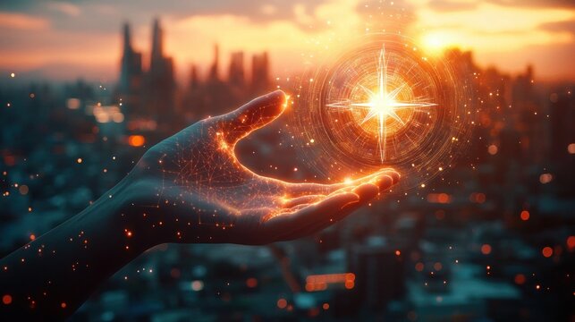 Glowing digital hand holding a radiant compass star symbol above a blurred cityscape at sunset, conveying guidance and futuristic hope