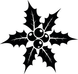 Christmas icon vector illustration of a symmetrical holly branch with berries in black and white silhouette style