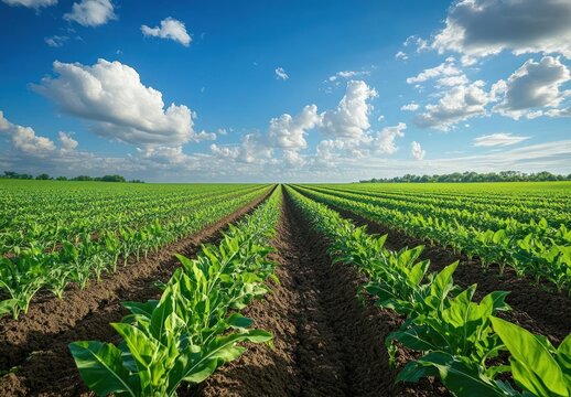 Expansive agricultural field with rows of young green crops under a bright blue sky filled with scattered white clouds, evoking growth and tranquility