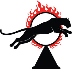 Powerful panther jumps through fiery hoop circus performance dynamic action vector