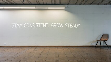 Minimalist interior design with motivational quote on wall emphasizing the importance of consistency and steady growth